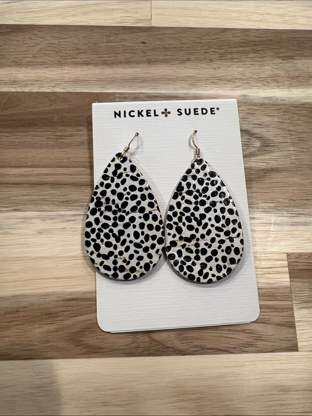 Nickel Suede Black and White Dalmatian Teardrop Earrings